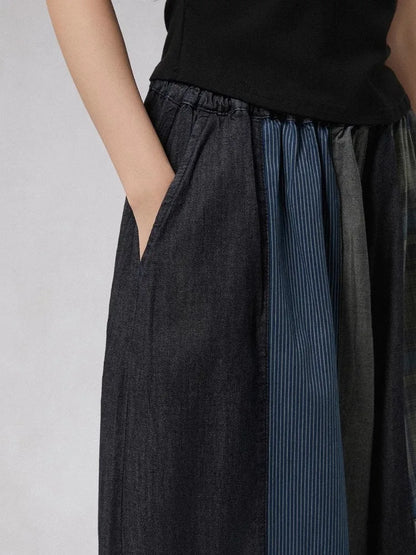 XITAO Patchwork Plaid Loose Pants Contrast Color Elastic Waist New Arrival Summer All-match Woman Wide Leg Pants ZMY1238