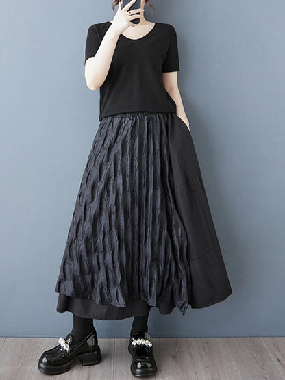XITAO Gauze Patchwork Asymmetrical Skirts Contrast Color Elastic Waist A-line Mid-calf Casual Slimming Summer Skirt GYX1531
