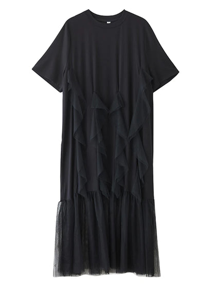 XITAO Gauze Patchwork Asymmetrical Dress Solid Color Pullover O-neck Short Sleeve A-line Slimming All Match Casual Dress ZMY1355