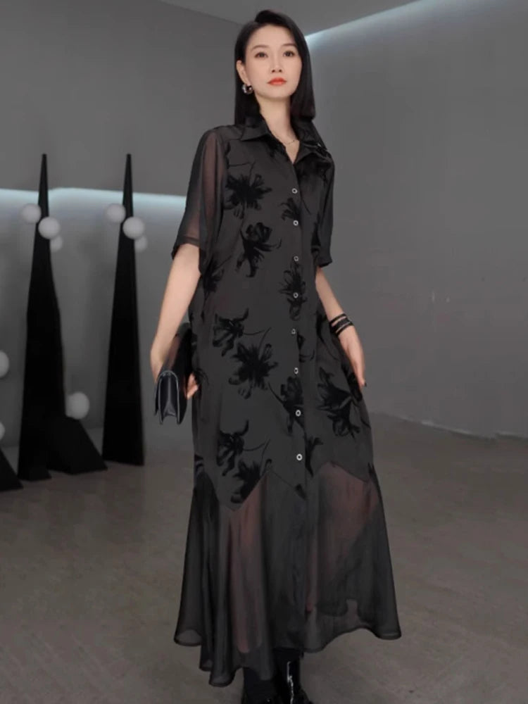 XITAO Vintage Patchwork Mesh Dress Loose Slimming A-line Women Summer Casual Single Breasted Temperament Shirt Dress ZMY1247
