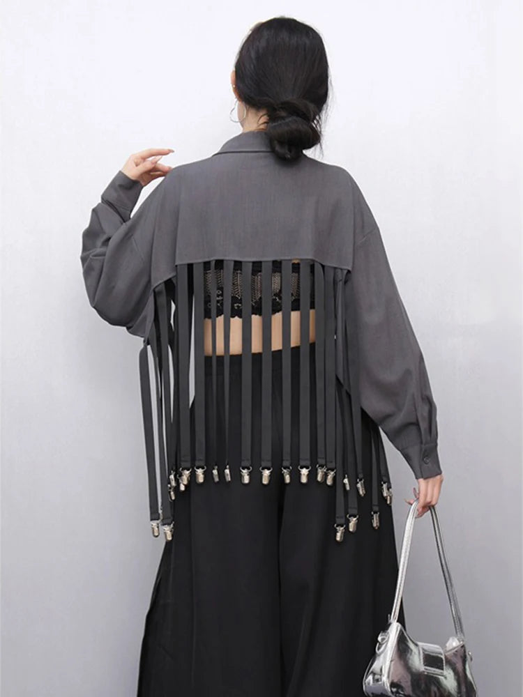 XITAO Patchwork Tassels Lapel Single Breasted Shirt Casual Loose Fitting Full Sleeve New Summer Personality Shirt GYX1619