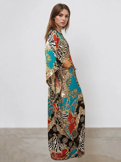 XITAO Bat Wing Sleeve V-neck Loose Dress Side Slit Vintage Print Pullover Temperament Summer Woman Ankle-length Dress GJ1188
