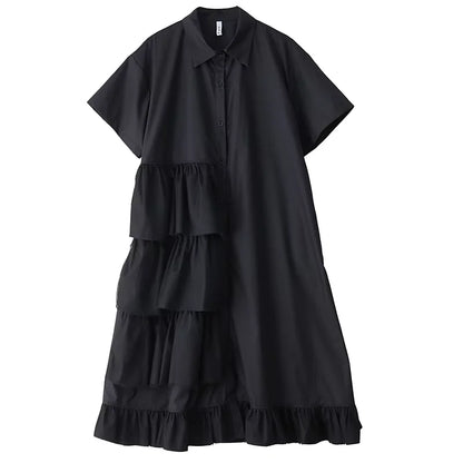 XITAO Patchwork Mesh Turn-down Collar Dress Single Breasted Pleated Short Sleeve Solid Color Fashion Summer Women Dress ZMY1200