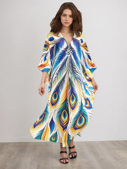 XITAO Bohemian Print V-neck Women Dress Casual Summer Pullover A-line Personality Cartoon Female Bat Sleeve Loose Dress GJ1210