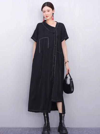 XITAO Irregular Single Breasted Dress Short Sleeve Vintage Loose Casual A-line Slimming Solid Color Summer Woman Dress ZMY1377