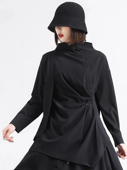 XITAO Single Breasted Half High Collar Shirt Asymmetrical Patchwork Solid Color Long Sleeve Folds Pullover Loose Tops HQQ2500