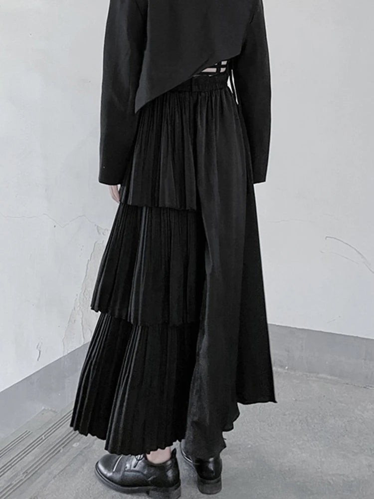 XITAO Folds Irregular Button Skirt Personality Ruffles Patchwork Women Simple Solid Color All-match Elastic Waist Skirt ZMY1077