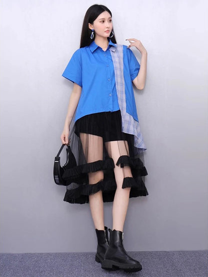 XITAO Gauze Irregular Contrast Color Dress Patchwork Turn-down Collar Single Breasted Casual Loose Summer Woman Dress ZMY1395