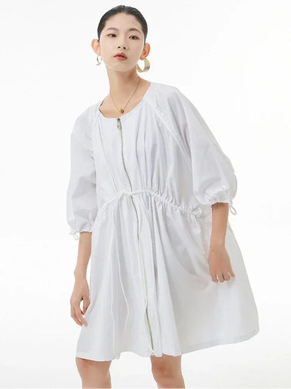 XITAO Solid Pleated Trench Women Summer New Arrival Personality Fashion Loose O-neck Short Sleeve Trench ZY6832