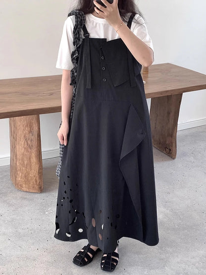 XITAO Hollow Out Square Collar Sleeveless Dress Pullover Solid Color Loose Camisole Temperament Ankle-length Casual Dress ZY8946