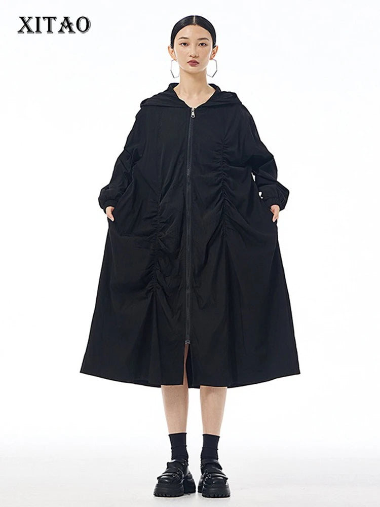 XITAO Pleated Zipper Hooded Full Sleeve Dress Loose Fitting A-line Vintage Japanese Style Leisure Spring Women Dress HQQ2440