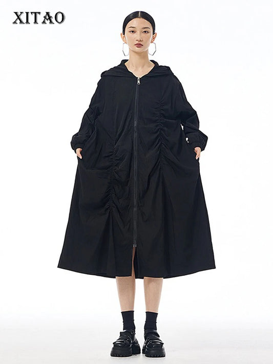 XITAO Pleated Zipper Hooded Full Sleeve Dress Loose Fitting A-line Vintage Japanese Style Leisure Spring Women Dress HQQ2440