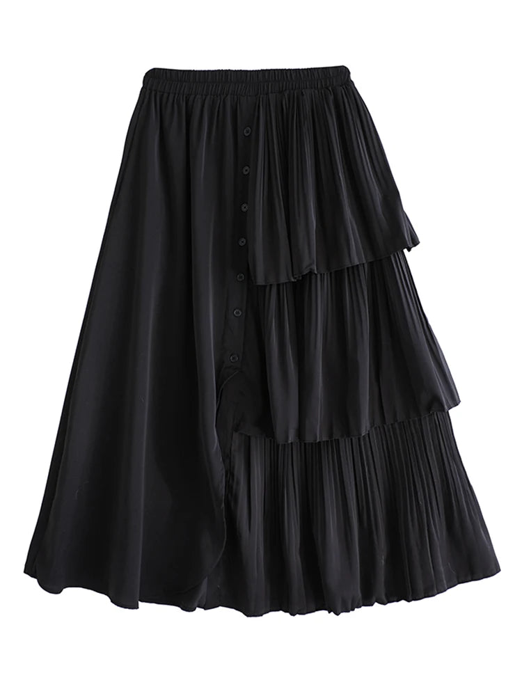 XITAO Irregular Button Elastic Waist Skirt Casual A-line Solid Color New Arrival Loose Comfortable Patchwork Women Skirt GYX1624