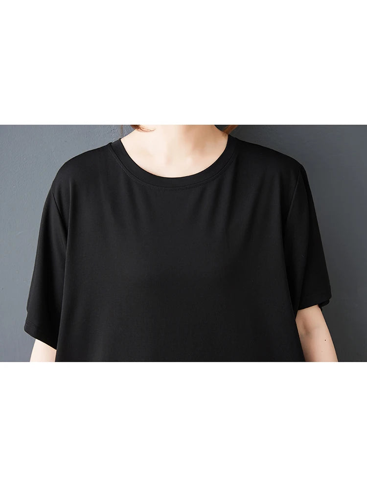 XITAO Patchwork Asymmetrical Black Dress Loose Casual Slimming Temperament O-neck Simple Short Sleeve Summer Woman Dress ZMY1385