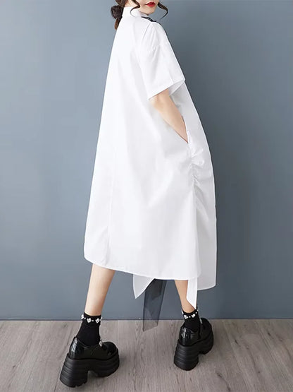 XITAO Irregular Patchwork Lace Mesh Female Dress Contract Color Loose Sweet Pleated Short Sleeve Summer Women Dress GYX1644