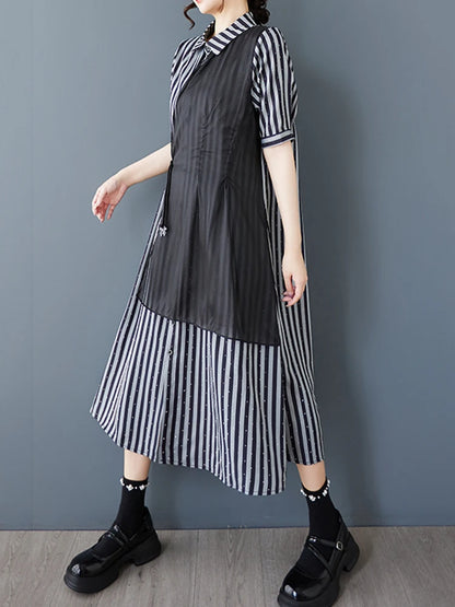 XITAO Striped Sequined Patchwork Female Dress Loose Turn-down Collar Asymmetrical Personality Summer Woman Shirt Dress ZMY1241
