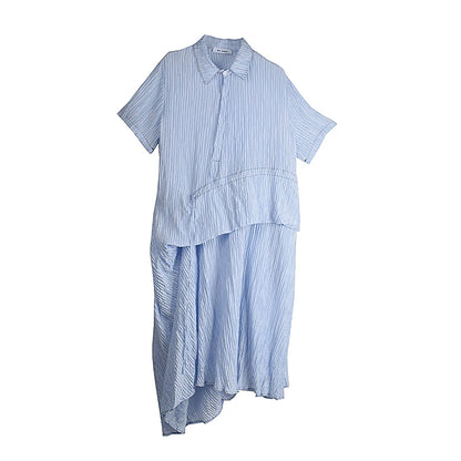 XITAO Irregular Striped Drawstring Dress Turn-down Collar Loose Casual Short Sleeve Personality Summer Woman Dress HQQ2490