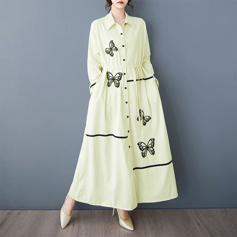 XITAO Embroidery Single Breasted Lapel Dress Casual New Arrival Slimming Fashion Full Sleeve A-line Spring Women Dress GYX1514
