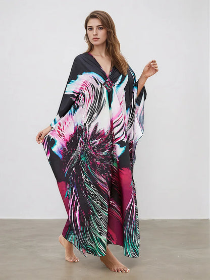 XITAO Print Pullover V-neck Dress Bat Wing Sleeve Vintage Temperament New Arrival Fashion Irregular Summer Woman Dress GJ1203