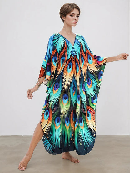 XITAO Print Vintage V-neck Dress Temperament Pullover Loose Side Slit Bat Wing Sleeve Summer Woman Ankle-length Dress GJ1205