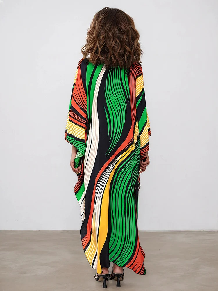 XITAO Contrast Color Striped Loose Dress V-neck Pullover Print Side Slit Casual Slimming Summer Simple Summer Woman Dress GJ1184