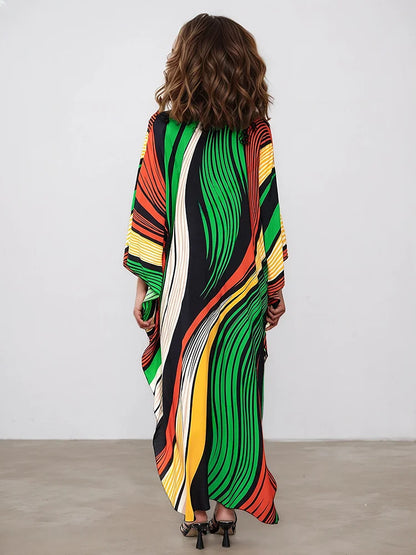 XITAO Contrast Color Striped Loose Dress V-neck Pullover Print Side Slit Casual Slimming Summer Simple Summer Woman Dress GJ1184