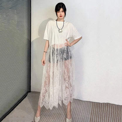 XITAO Patchwork Lace Perspective Pullover Dress Solid Color O-neck Short Sleeve Loose Casual Temperament Women Dress ZMY1245