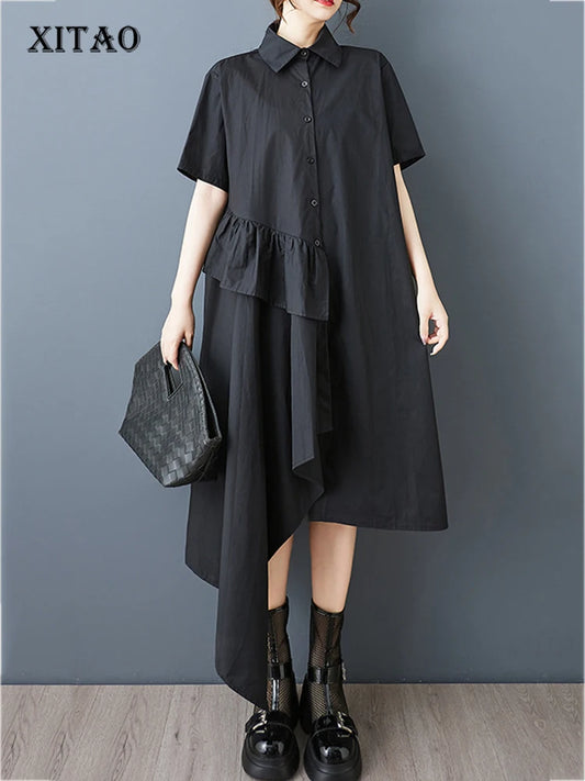 XITAO Asymmetrical Ruffles Single Breasted Dress Turn-down Collar A-line Sweet Short Sleeve Summer New Women Dress ZMY1233