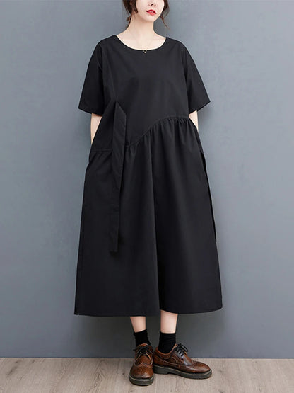 XITAO Folds Patchwork O-neck Dress Simple Solid Color Casual Irregular Short Sleeve Women Temperament Slimming Dress ZMY1062
