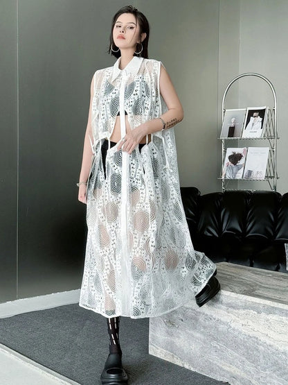 XITAO Lace Patchwork Sleeveless Dress Casual A-line Hollow Out Solid Color New Personality Turn-down Collar Women Dress GYX1661