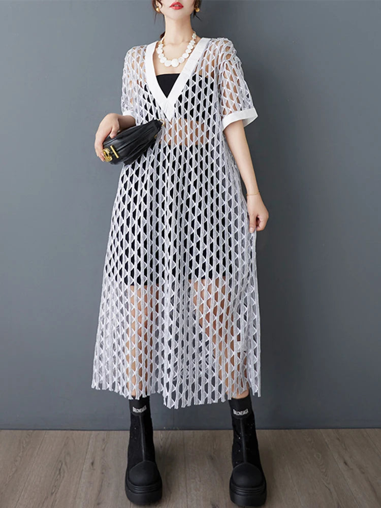 XITAO Hollow Out V-neck Short Sleeve Dress Casual Solid Color A-line Grid Loose Europe Comfortable Summer Women Dress GYX1577
