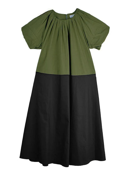 XITAO A-line Contrast Colors Loose Dress Pullover Patchwork O-neck Lantern Sleeve Slimming Casual Summer Woman Dress ZMY1409
