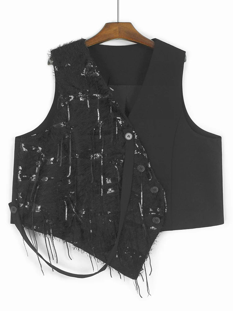 XITAO Asymmetric Patchwork Sequin Matching Set Casual Sleeveless Wide Leg Button Fashion Spring Women Dress Set HQQ2457