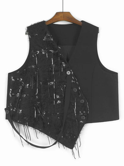 XITAO Asymmetric Patchwork Sequin Matching Set Casual Sleeveless Wide Leg Button Fashion Spring Women Dress Set HQQ2457