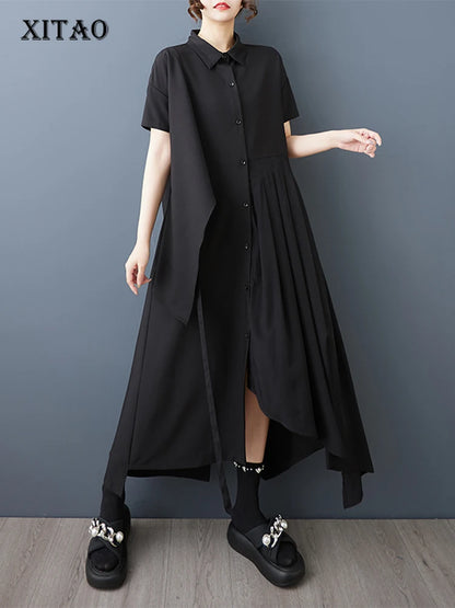 XITAO Irregular Solid Color Pleated Dress Drawstring Turn-down Collar Short Sleeve Slimming All-match Temperament Dress ZY8943