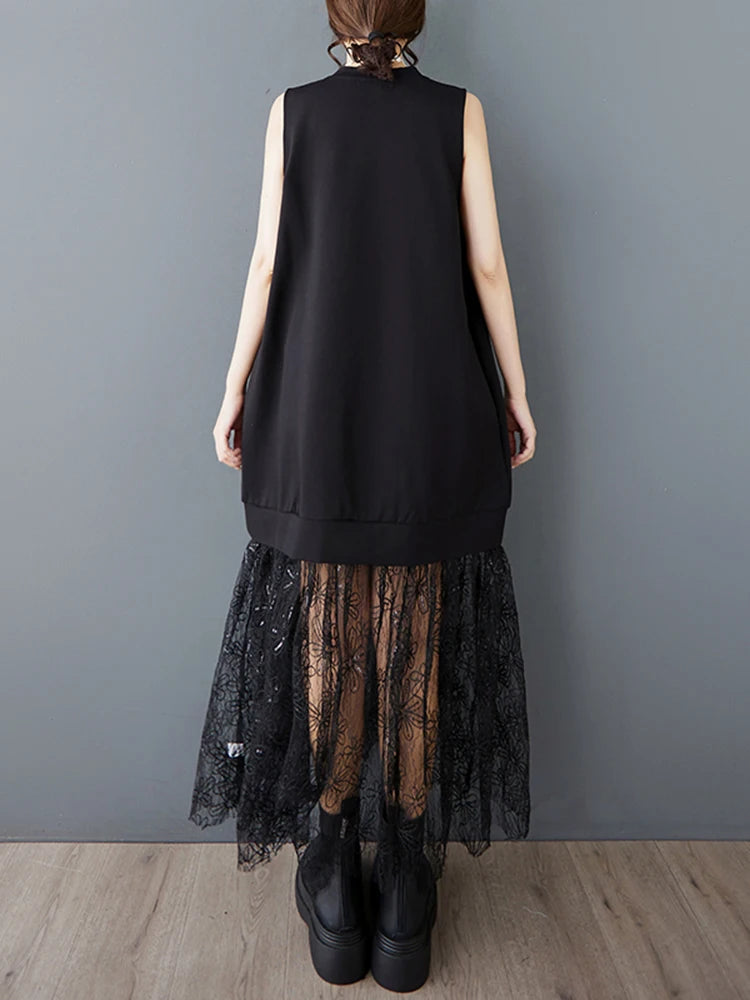 XITAO Patchwork Lace Sleeveless Dress Casual A-line Loose Fitting Fashion New Simple Personality Summer Women Dress HQQ2476