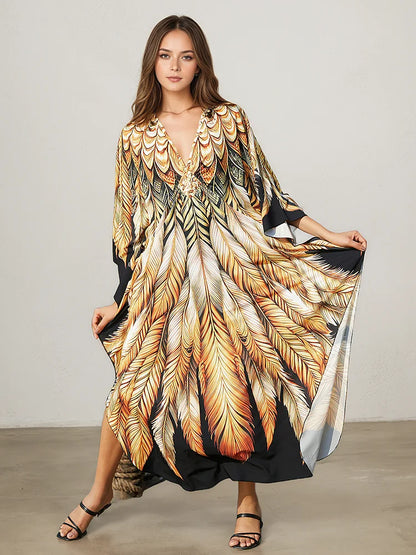 XITAO V-neck Side Slit A-line Dress Bat Wing Sleeve Loose Print Slimming All-match Pullover Elegant Summer Woman Dress GJ1199