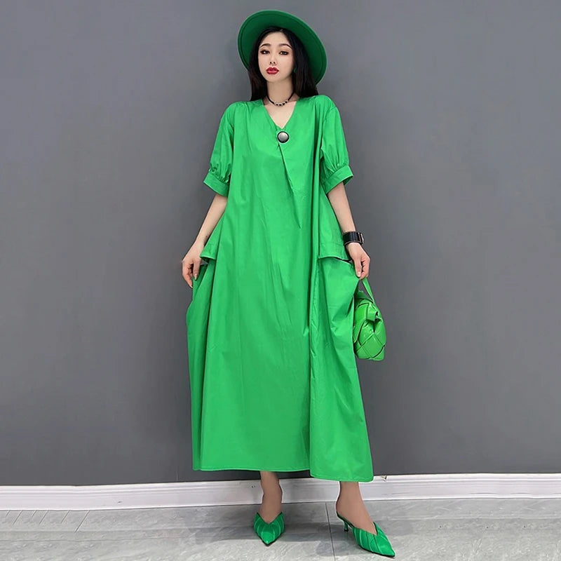 XITAO Casual V-neck Pocket Female Dress Loose Solid Color A-line Slimming Women Simple Temperament Short Sleeve Dress ZMY1079