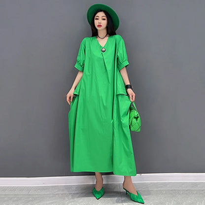 XITAO Casual V-neck Pocket Female Dress Loose Solid Color A-line Slimming Women Simple Temperament Short Sleeve Dress ZMY1079