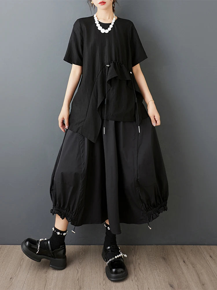 XITAO Shirring Edible Tree Fungus Patchwork Skirt Solid Color Elastic Waist Loose A-line Temperament Slim Casual Skirt ZMY1230