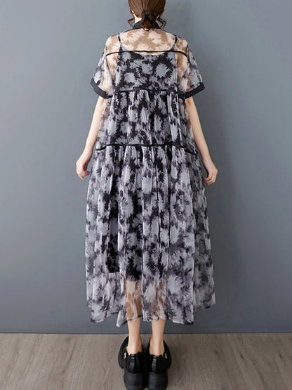 XITAO Print Patchwork Gauze Two Piece Dress Loose Short Sleeve Single Breasted New Temperament Summer Woman Dress ZMY1243
