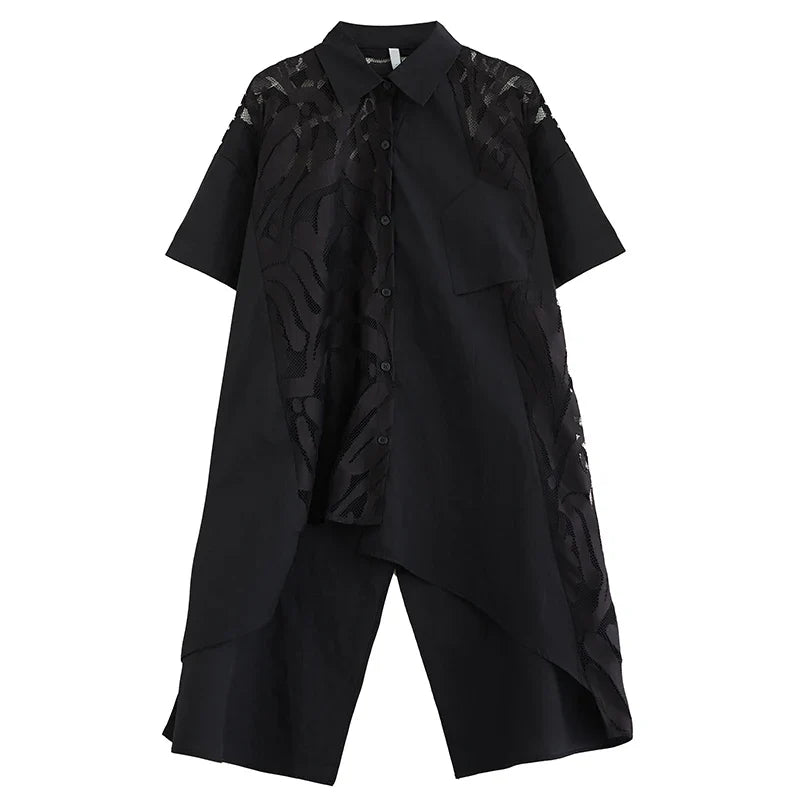 XITAO Irregular Lace Patchwork Shirt Short Sleeve Solid Color Single Breasted Fashion Casual Temperament Women New Top DMJ4118