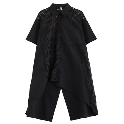 XITAO Irregular Lace Patchwork Shirt Short Sleeve Solid Color Single Breasted Fashion Casual Temperament Women New Top DMJ4118
