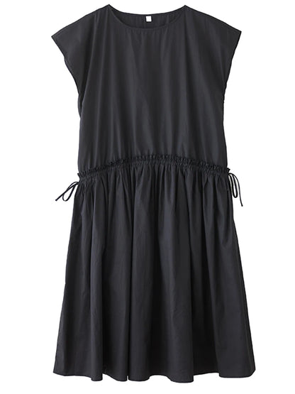 XITAO Pleated Drawstring Loose Dress Edible Tree Fungus Solid Color O-neck Casual Slimming All-match Summer Woman Dress ZMY1310