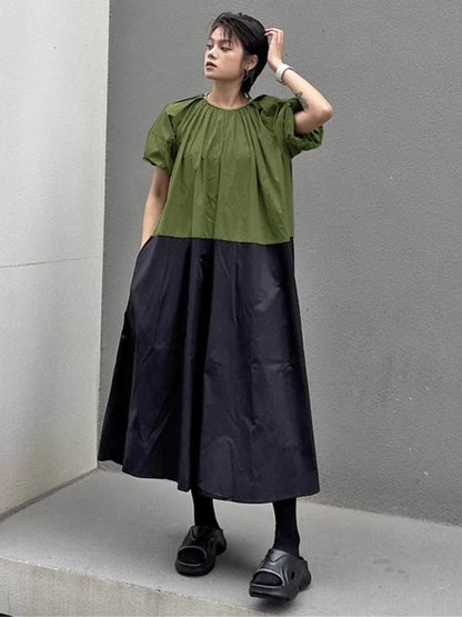 XITAO Patchwork Contrast Color Dress O-neck Loose Casual Short Sleeve Simple Slimming Personality Summer Woman Dress HQQ2491