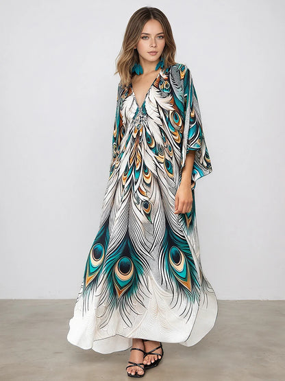 XITAO A-line Pullover Vintage Dress Peacock Print Side Slit Slimming New Arrival V-neck Casual Summer Woman Loose Dress GJ1183