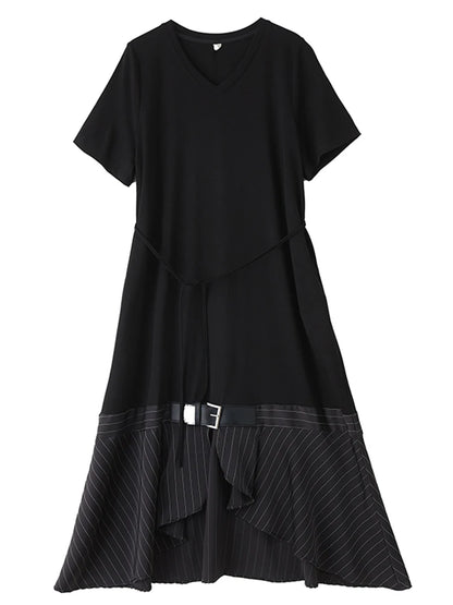 XITAO Striped Contrast Color Asymmetrical Dress V-neck Short Sleeve Patchwork Split Pullover Bandage Casual Female Dress ZMY1288