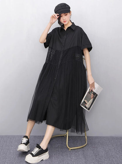 XITAO Contrast Color Hollow Out Patchwork Gauze Dress Turn-down Collar Short Sleeve Single Breasted Loose Casual Dress GYX1617