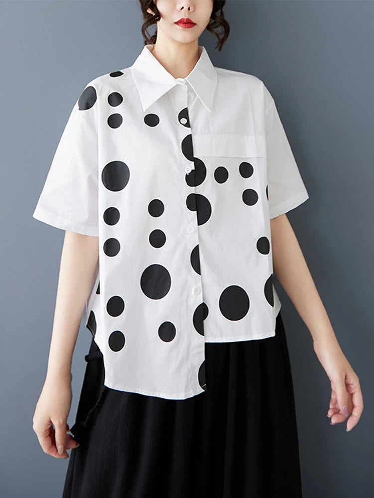 XITAO Patchwork Polka Dot Asymmetric Lapel Shirt Casual Turn-down Collar Short Sleeve Single Breasted Summer Blouse HQQ2453