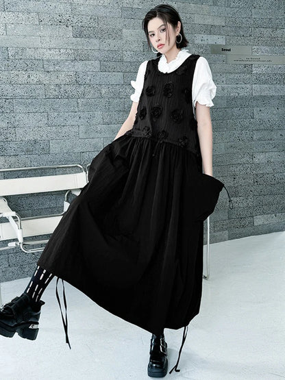 XITAO Loose Flower Patchwork Dress Casual Solid Color Pocket Drawstring Women O-neck Sleeveless Simple Temperament Dress HQQ2468